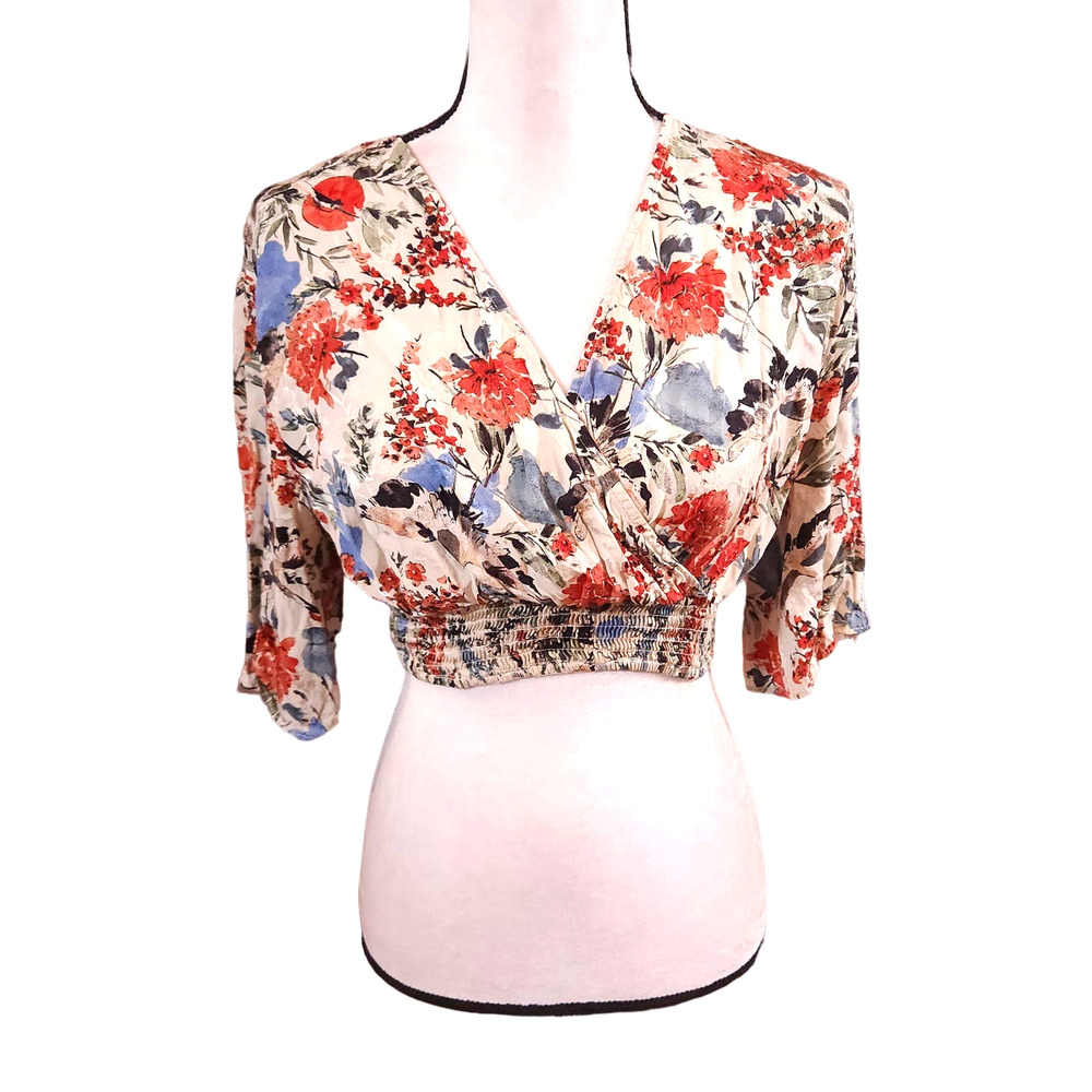 Zara Basic Z1975 Denim Cropped Bird & Floral Print Faux Wrap Top Boho Women's M
